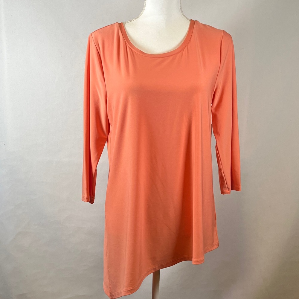 Halston Tunic Top Women's M Asymmetric Hem Split Side 3/4 Sleeve Knit Blouse NWT